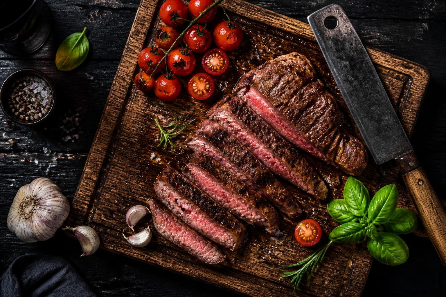 Cortes de carne grelhada em tábua de madeira com tomates, alho e cutelo